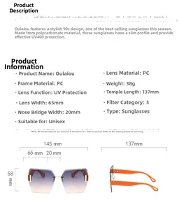 Detailed size specifications for rimless diamond cut sunglasses showing UV400 PC frame dimensions