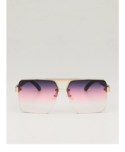 Detail of square gold metal frame sunglasses with purple gradient lenses and nose pads
