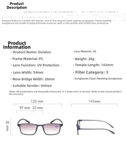 Tabella taglie e specifiche per occhiali da lettura solari UV400 con gradazione +1,00