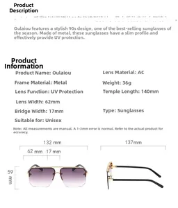 Detailed sizing chart with dimensions for square metal semi-rimless aviator sunglasses
