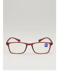 Detail of red reading glasses lens with +3.00 strength and anti-blue light label