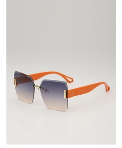 Close-up of frameless gradient purple lenses with textured orange temples and metal nose bridge