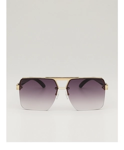 Detail of square gold metal sunglasses featuring double bridge and purple gradient lenses