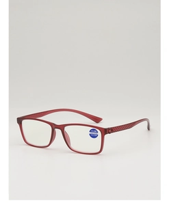 Detail of dark red PC reading glasses showing anti-blue light label and +3.00 strength