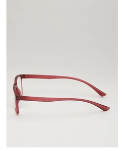 Detail of burgundy translucent glasses frame featuring textured temples and smooth lines