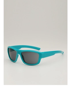 Détail des lunettes de soleil sport pour enfants bleu cyan avec verres gris enveloppants