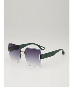 Detail of rimless square sunglasses with purple gradient lenses and gold metal accents