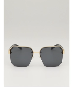 Front view of geometric polygon sunglasses with gold metal frame and dark lenses