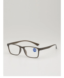 Detail of grey translucent reading glasses with +1.00 anti-blue light lens and textured temples