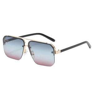 Square metal aviator sunglasses with gold frame and blue-pink gradient lenses