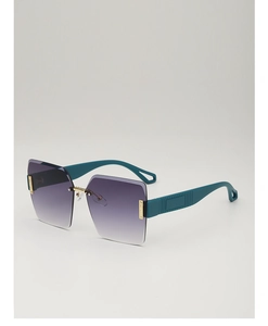 Detail of square rimless sunglasses with gradient lenses and teal textured temples