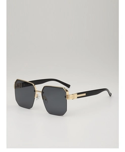 Detailed side view of polygon metal semi-rimless sunglasses with gold frame and dark lenses