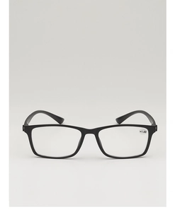 Front view of black full-frame reading glasses with +1.00 strength label on lens