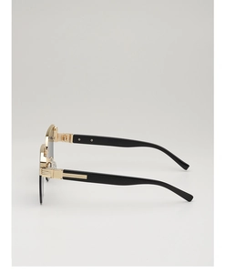 Close-up of black leather-textured temples with golden metal hinges on half-frame sunglasses