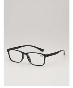Close-up of black reading glasses with +1.00 lens and textured non-slip temples
