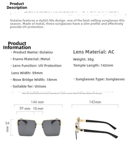 Detail of vintage metal semi-rimless sunglasses showing dimensions and grey lenses