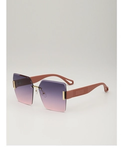 Detail of rimless diamond-cut sunglasses with purple gradient lenses and hollowed temples
