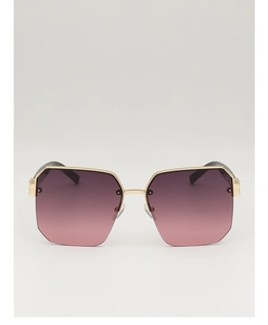 Detail of metal half-frame sunglasses with purple gradient lenses and gold rim texture