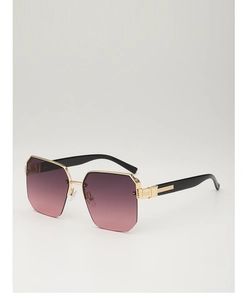 Detail of geometric polygon sunglasses with purple gradient lenses and gold metal trim