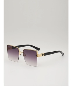 Detail of semi-rimless sunglasses with gold metal hinges and purple gradient lenses