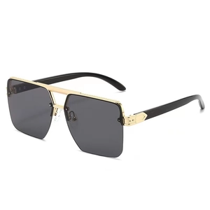 Oversized square aviator sunglasses with gold metal double bridge and dark grey lenses