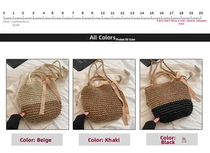 Straw tote bag detail with silk scarf bow in beige, khaki, and black colors