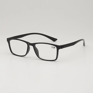 Black rectangular full-frame reading glasses with +1.00 strength and textured temples
