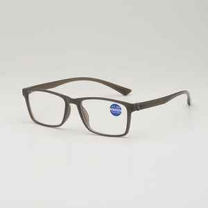 Translucent grey rectangle reading glasses with woven texture temples and blue light filter