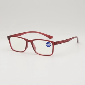 Red full-frame anti-blue light reading glasses with +3.00 strength and textured temples