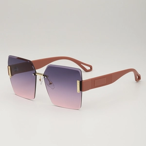 Frameless oversized square sunglasses with gradient purple lenses and red-brown temples