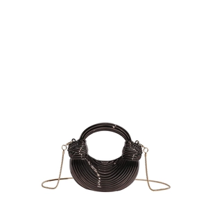 Mini acrylic evening bag with metallic gunmetal texture and golden crossbody chain