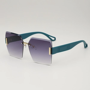 Frameless oversized sunglasses with purple gradient lenses and teal widened temples