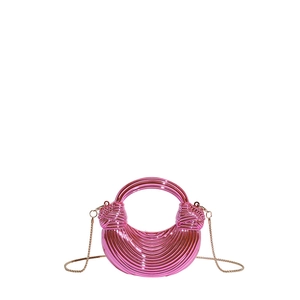 Fuchsia metallic crescent shoulder bag with pleated texture and ring handle