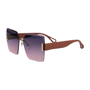 Modern rimless oversized sunglasses with purple gradient lenses and gold metal accents