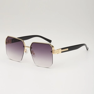 Fashionable oversized gradient purple polygon sunglasses with gold metal semi-rimless frames