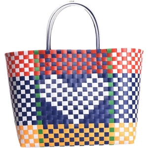 Handmade multi-color woven plastic tote bag with a white heart pattern and clear handles