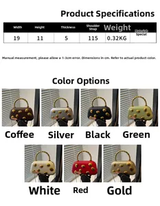 Detailed size chart and multi-color collage of trendy metallic stud crossbody evening bags