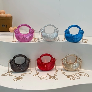Acrylic Mini Evening Bag Metallic Pleated Half Moon Clutch Handbag Small Square Chain Crossbody Bag Trendy Party Fashion