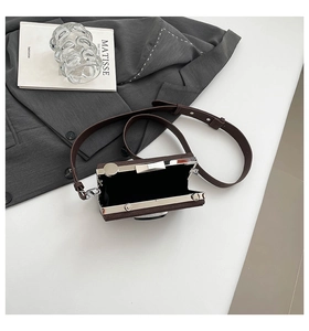 Vue détaillée du sac bandoulière vintage en forme d'appareil photo ouvert avec cadre métal
