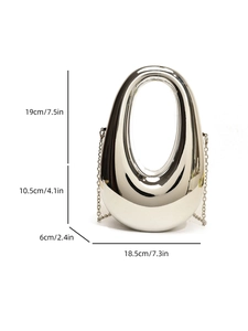Detailed size measurement of silver teardrop metallic clutch with dimensions 18.5x19x6cm