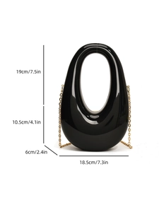 Detailed dimension guide for black acrylic evening bag with hollow oval handle design