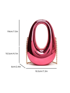Detailed size guide for a metallic pink egg-shaped acrylic evening clutch with chain strap