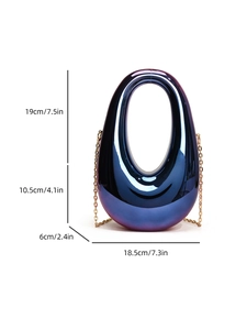 Detailed dimensions of blue and purple gradient acrylic evening bag with chain strap