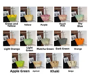 Detailed grid display of 14 colorful woven tote bags in various vibrant gradient shades