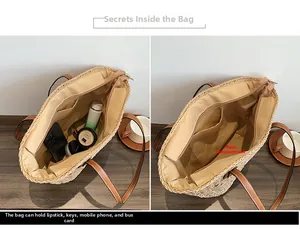 Grand sac fourre-tout en paille avec doublure et rangement pour objets du quotidien