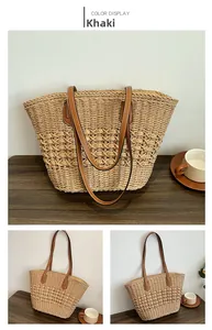 Détails du sac cabas en paille kaki avec tissage ajouré et anses en cuir marron