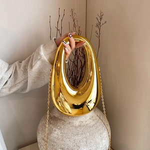 Oval Hollow Out Acrylic Box Bag Metallic Mirror Finish Evening Clutch With Chain Strap Crossbody Chic Party Purse For Women