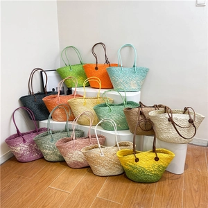 Hand Woven Straw Tote Bag Large Capacity Gradient Color Beach Vacation Shoulder Handbag Contrast Handles Bohemian Casual
