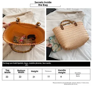 Size guide for woven straw handbag with bamboo handles showing dimensions and internal capacity