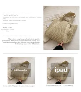 Detail view of woven straw tote bag size comparing with A4 magazine and iPad